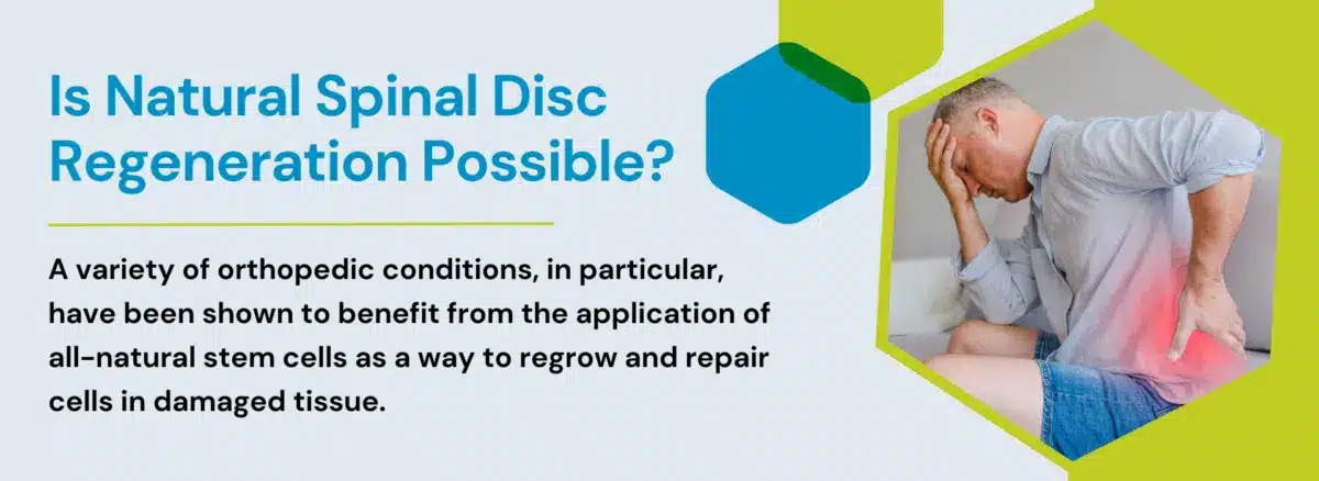 Informational banner about natural spinal disc regeneration with a man holding his lower back in pain on the right side.