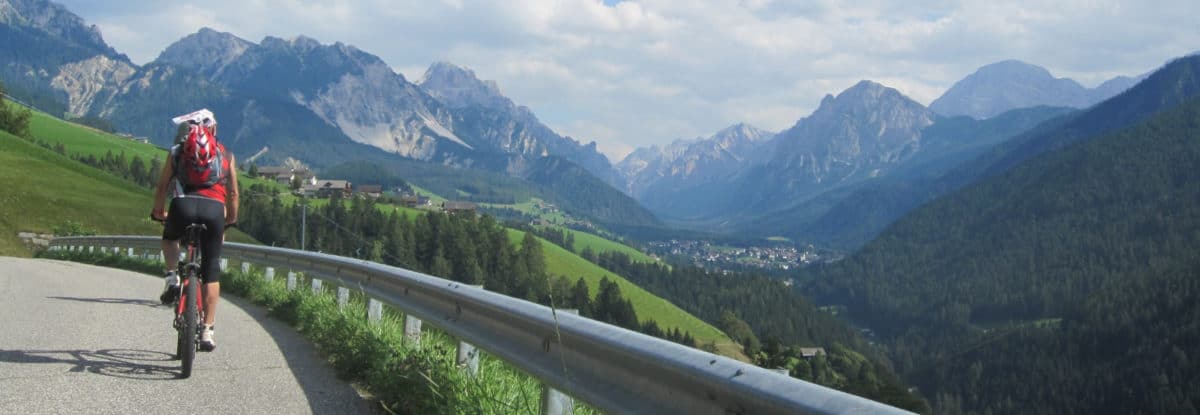 Back view of a cyclist riding a paved mountain road with a metal guardrail, green hills and a valley village framed by snowy alpine peaks in the distance.