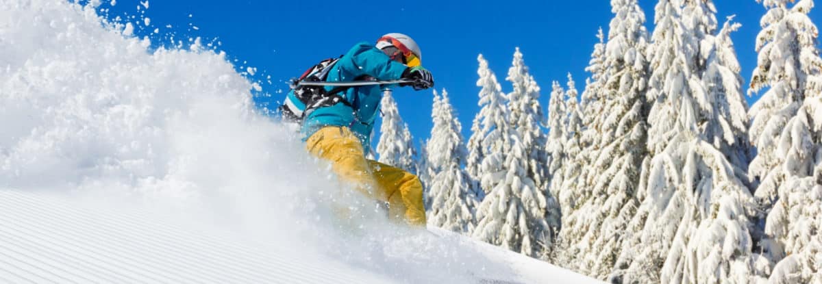 Skier in teal jacket and yellow pants carving through fresh powder with snow-covered trees and a blue sky in the background.