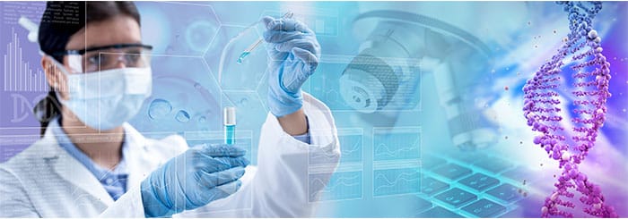History-of-Stem-Cell-Disc-Regeneration Scientist in mask and gloves handling a vial with a pipette; digital data overlays and a DNA helix in the background.