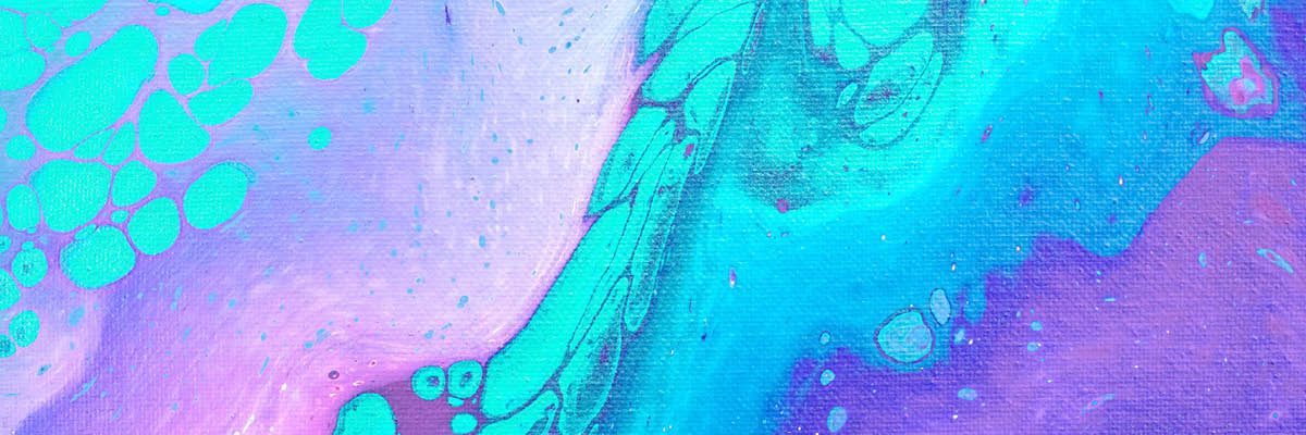Abstract watercolor-style painting with blue, turquoise, and purple swirls and bubble shapes.