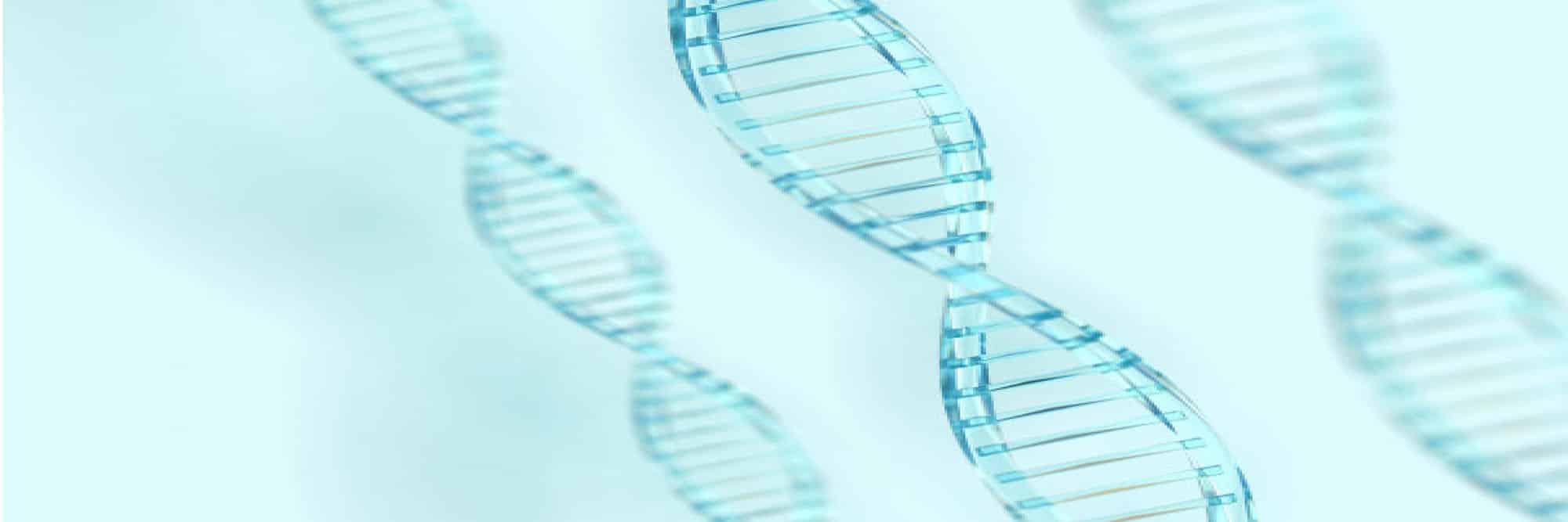 DNA double helix in blue spirals against a pale blue background, representing genetics concepts