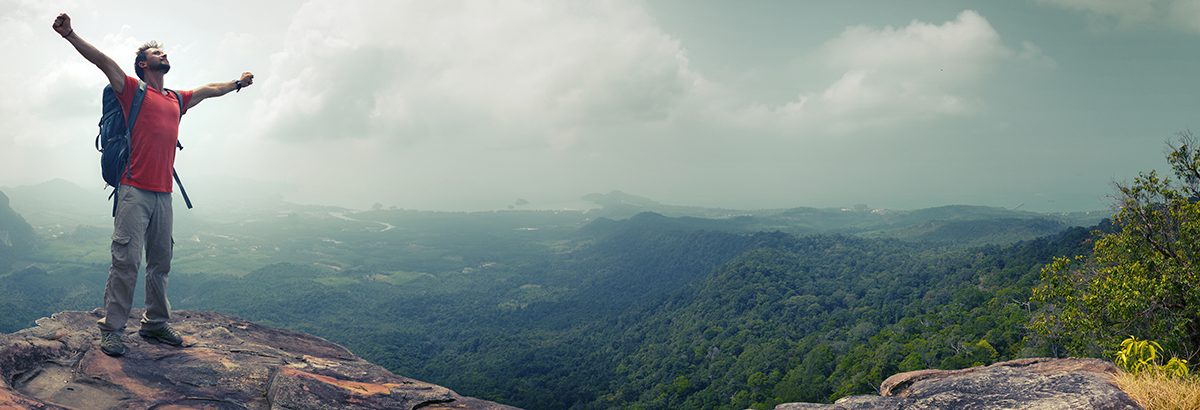 Hiker with a red shirt and backpack stands on a rocky ledge, arms raised in triumph, overlooking a forested valley and distant hills.