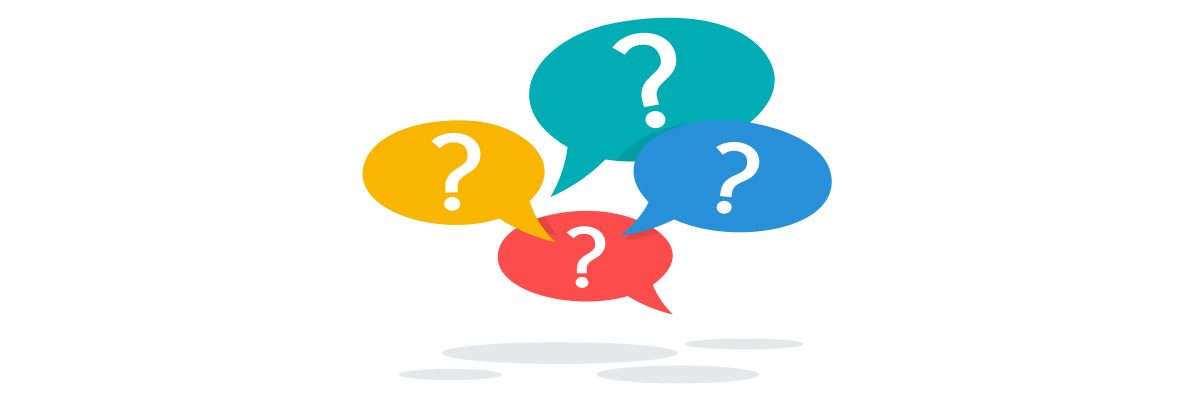 Colorful speech bubbles with white question marks suggesting questions or Q&A.