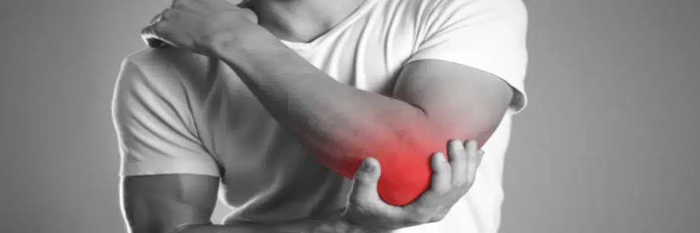 Person holding their elbow in pain, with a red highlight on the elbow to indicate discomfort.