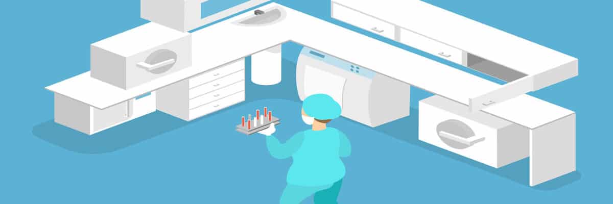 Illustrator-style scene of a lab technician in teal scrubs and cap carrying a tray of test tubes in a sterile, white cabinetry workspace with blue background