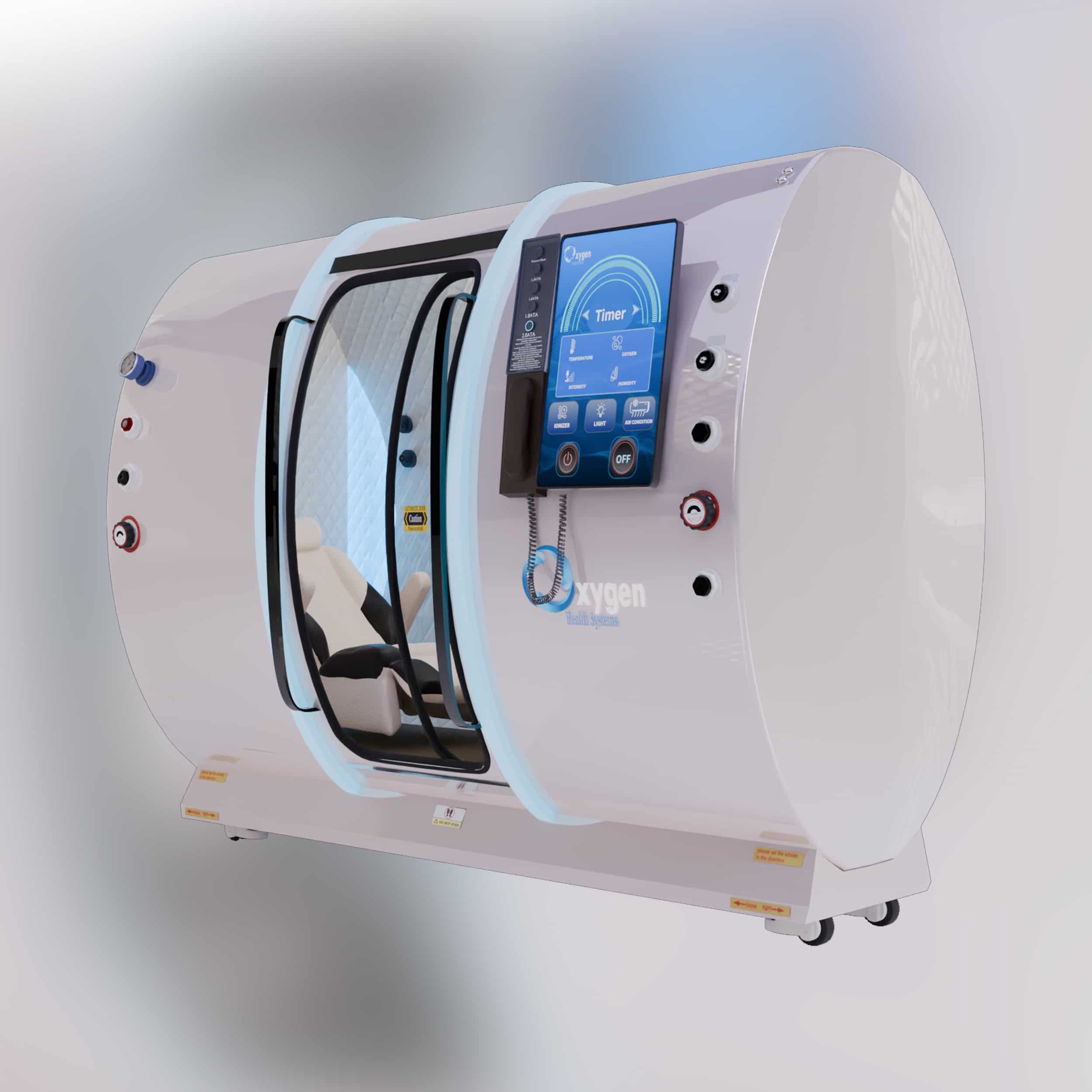 Medical oxygen concentrator on wheels with a blue control panel and hoses connected to a patient.