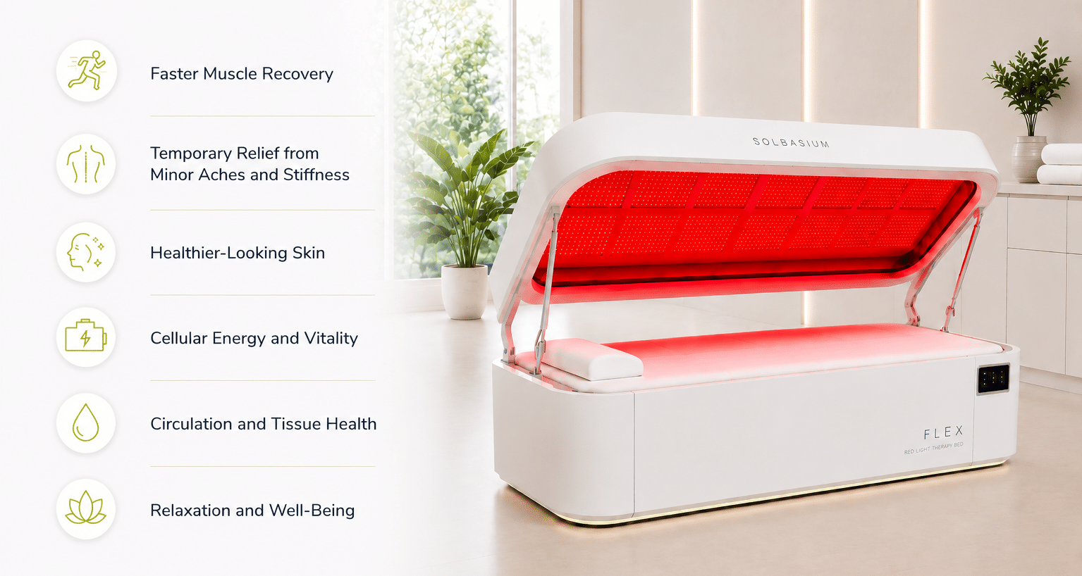 White red-light therapy bed with an open lid in a bright spa room; brand name SOLBASIUM and model FLEX visible on the unit.